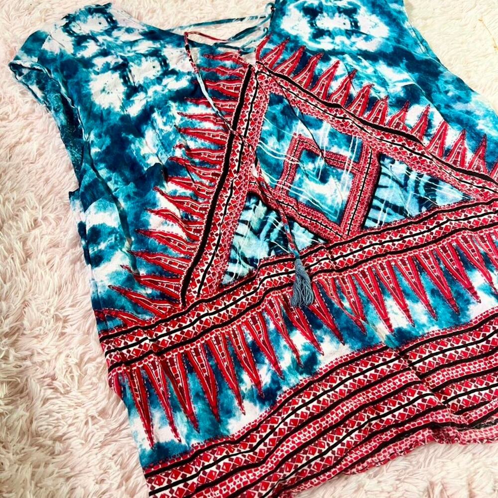 Vintage American‎ Blues Tie Dye Boho Hippie Indie Patchouli Natural Tie Back Top - Picture 3 of 5